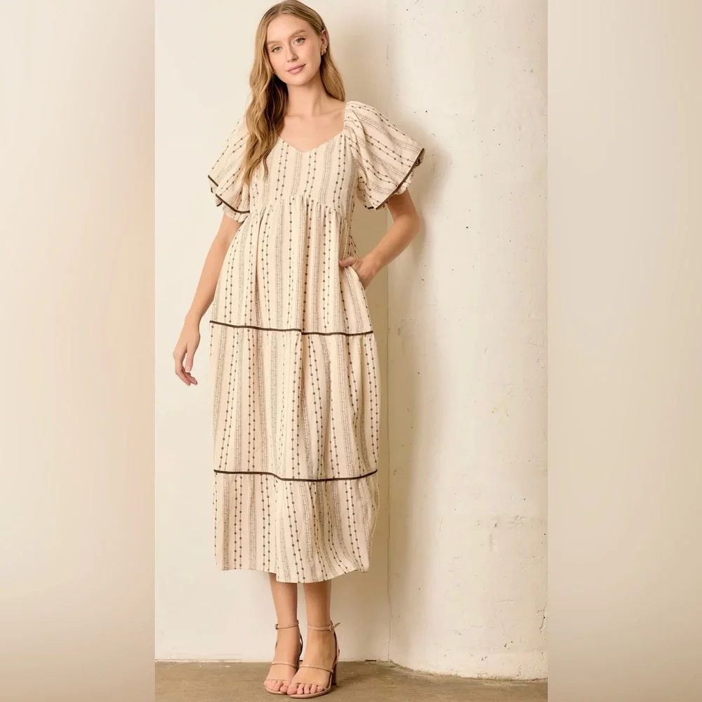 NEW Polagram Brown Lace Floral Tiered Maxi Dress - Picture 4 of 8